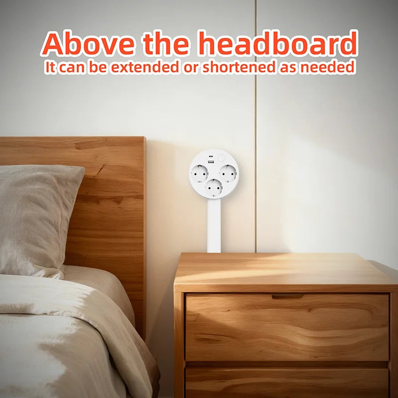 White Retractable Power Strip 360° Rotating Plug Electrical Outlet Extender Power Socket
