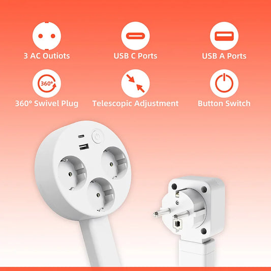 White Retractable Power Strip 360° Rotating Plug Electrical Outlet Extender Power Socket