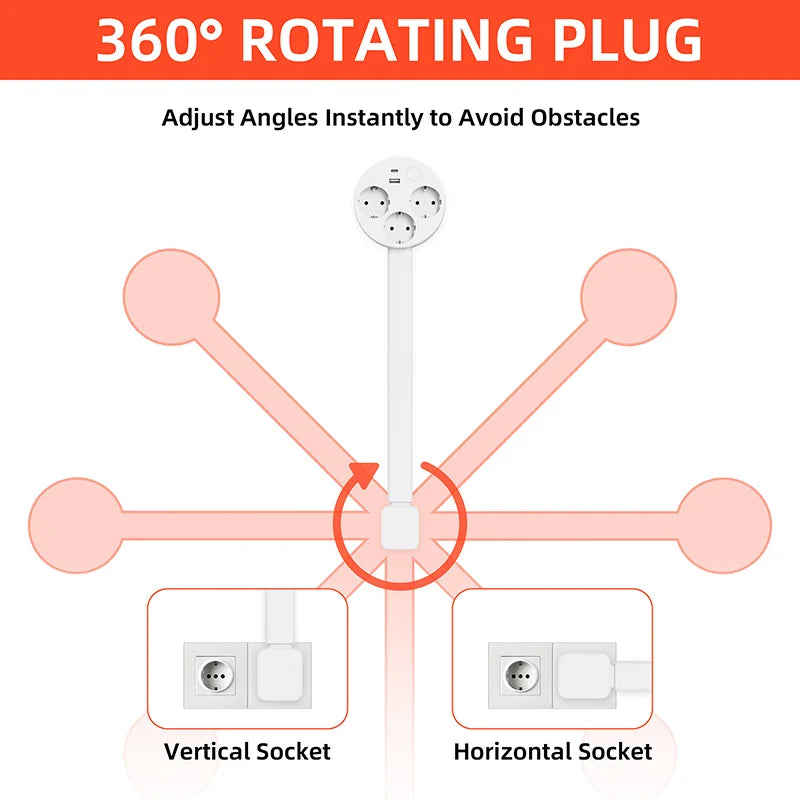 White Retractable Power Strip 360° Rotating Plug Electrical Outlet Extender Power Socket
