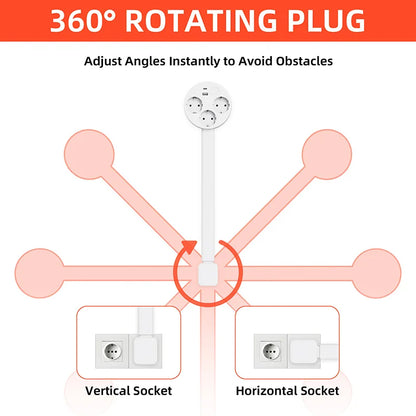 White Retractable Power Strip 360° Rotating Plug Electrical Outlet Extender Power Socket