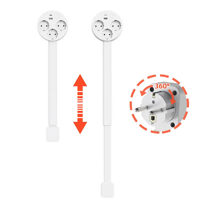 White Retractable Power Strip 360° Rotating Plug Electrical Outlet Extender Power Socket